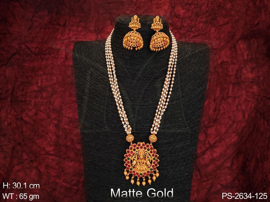 Beautiful Laxmi Pendant Matte Gold Polish Temple Jewelry Long Pendant Set