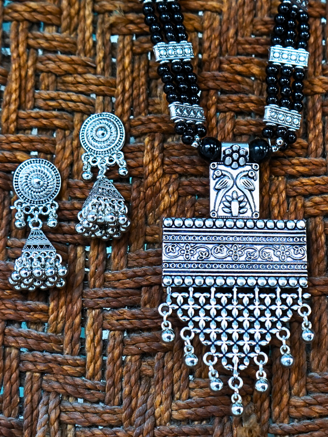 Oxidised Long Pendant with Peacock Design and Black Beads Chain | Boho Indian Aesthetic