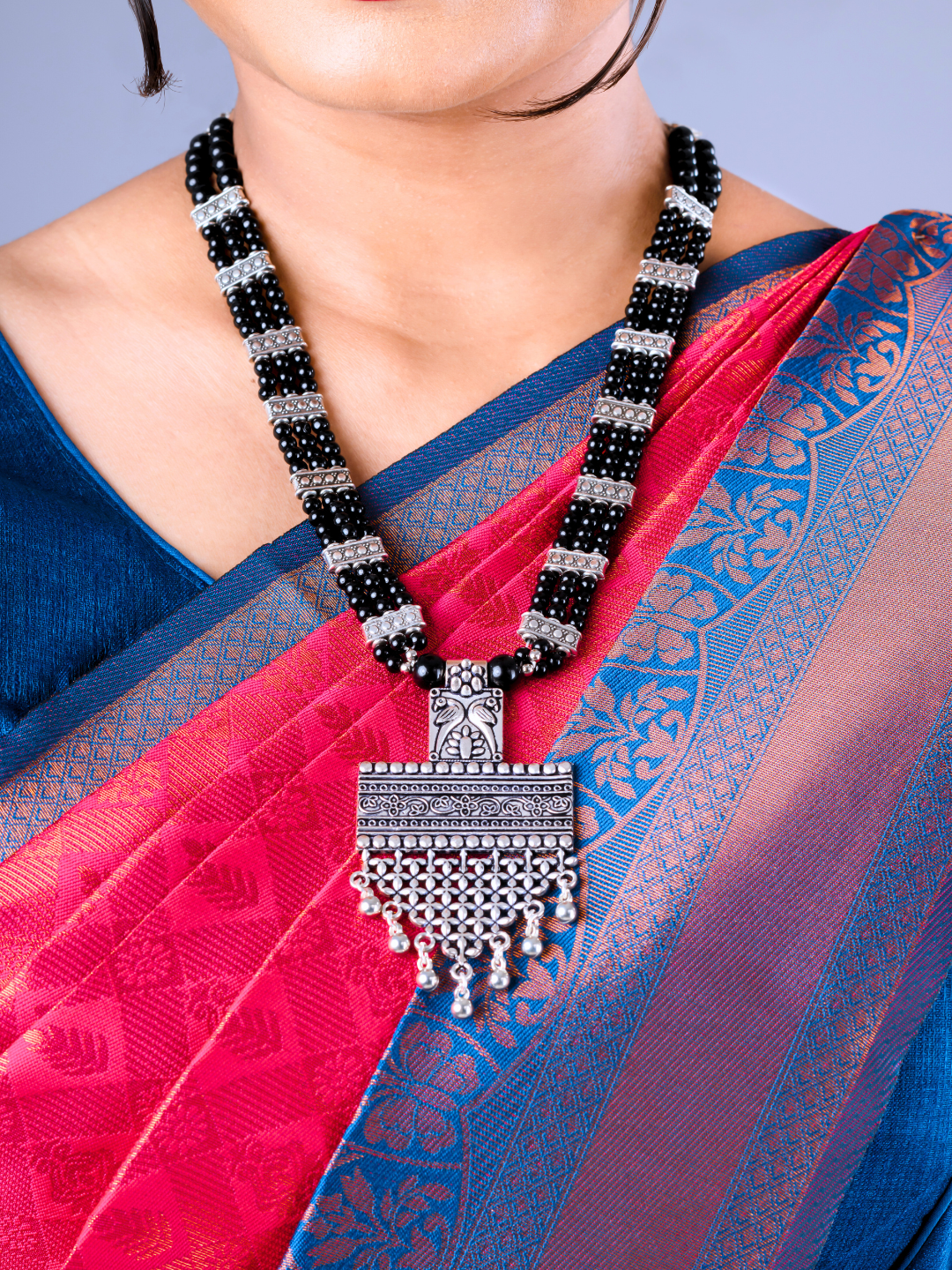 Oxidised Long Pendant with Peacock Design and Black Beads Chain | Boho Indian Aesthetic