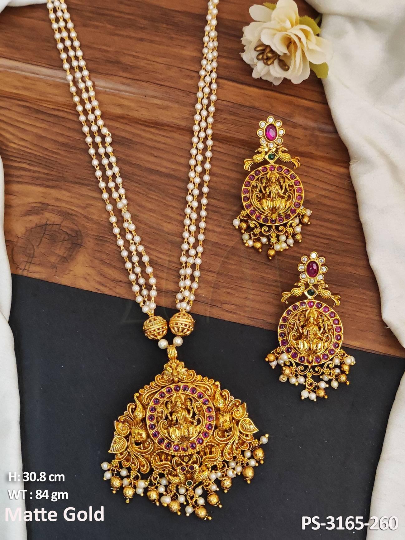 God Laxmi Design Matte Gold Polish Wedding Wear Temple Pendant Set