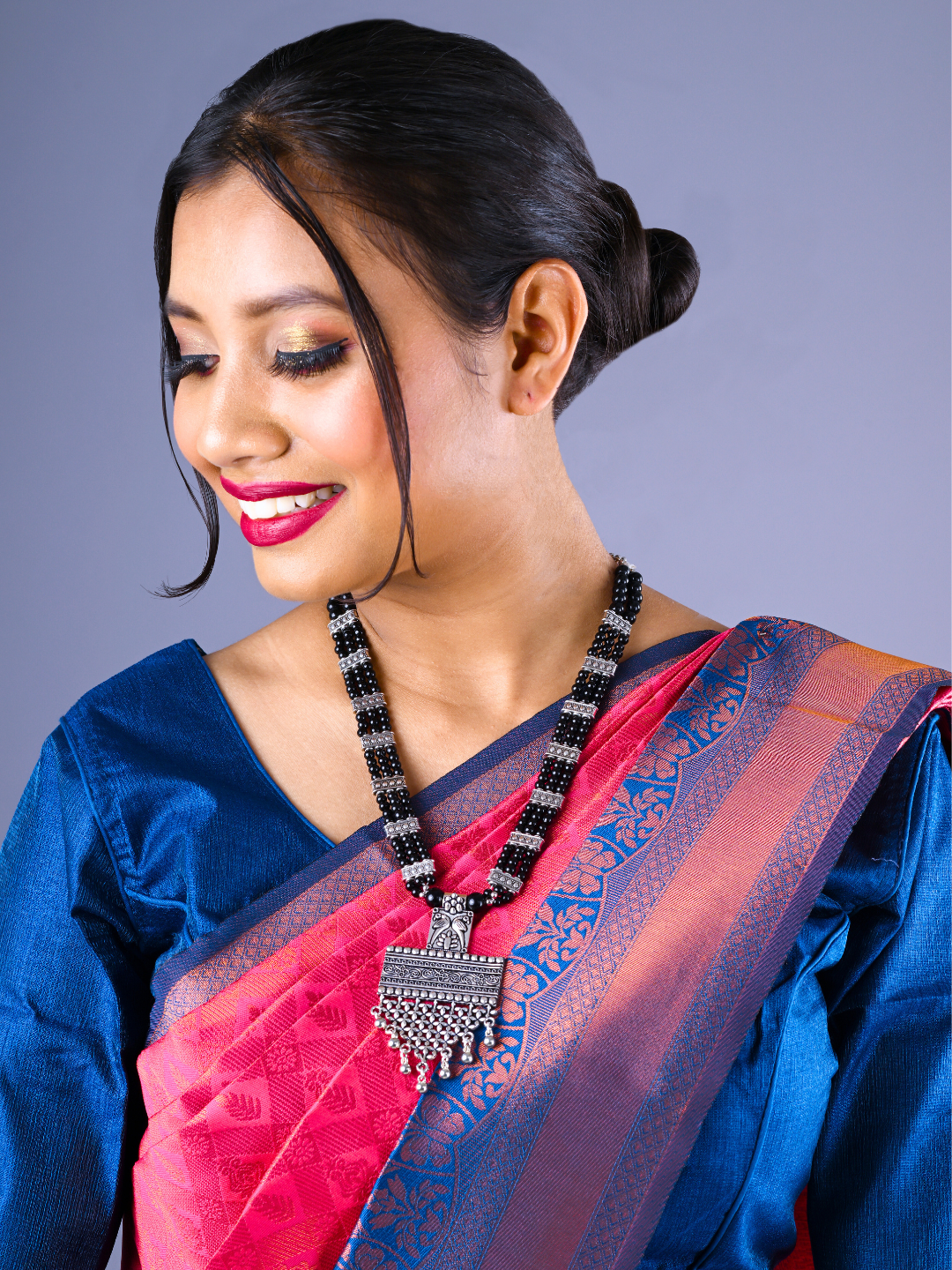 Oxidised Long Pendant with Peacock Design and Black Beads Chain | Boho Indian Aesthetic