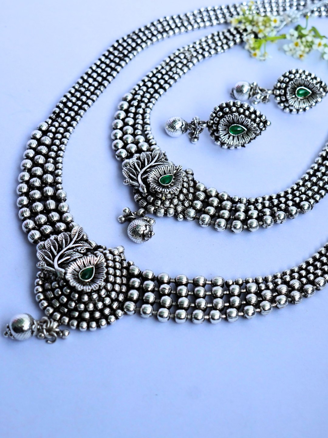 Oxidised Jewellery Set with Choker & Long Pendant | Leaf Design with Green Stones