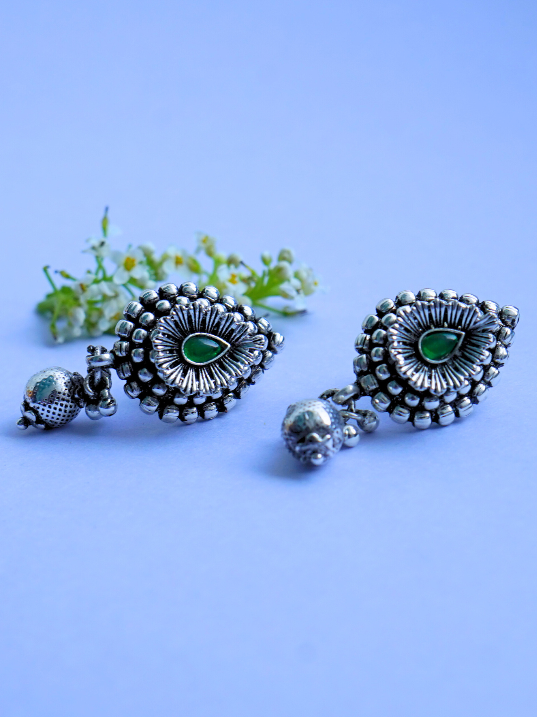 Oxidised Jewellery Set with Choker & Long Pendant | Leaf Design with Green Stones