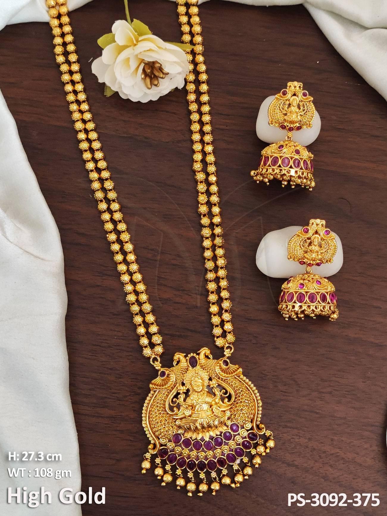 Laxmi Design Pendant High Gold Polish Beautiful Long Temple Jewellery Kemp Temple Long Pendant Set