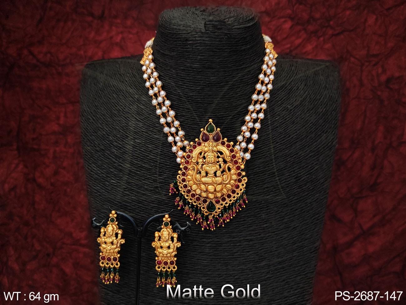 Beautiful Laxmi Pendant Clustered Pearl Long Temple Pendant Set