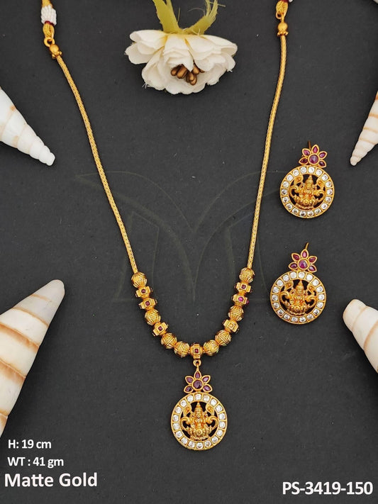 Laxmi Pendant Matte Gold Polish Designer Fancy Style Long Temple Jewellery Pendant Set