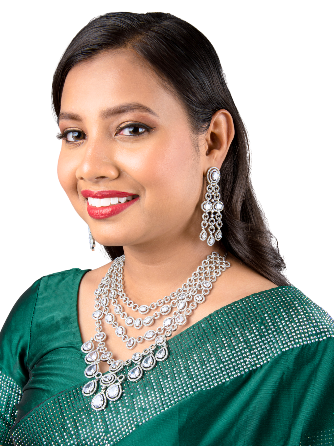 AD Multi-Layered Necklace Set with White Stones | Elegant Silver Alloy Design