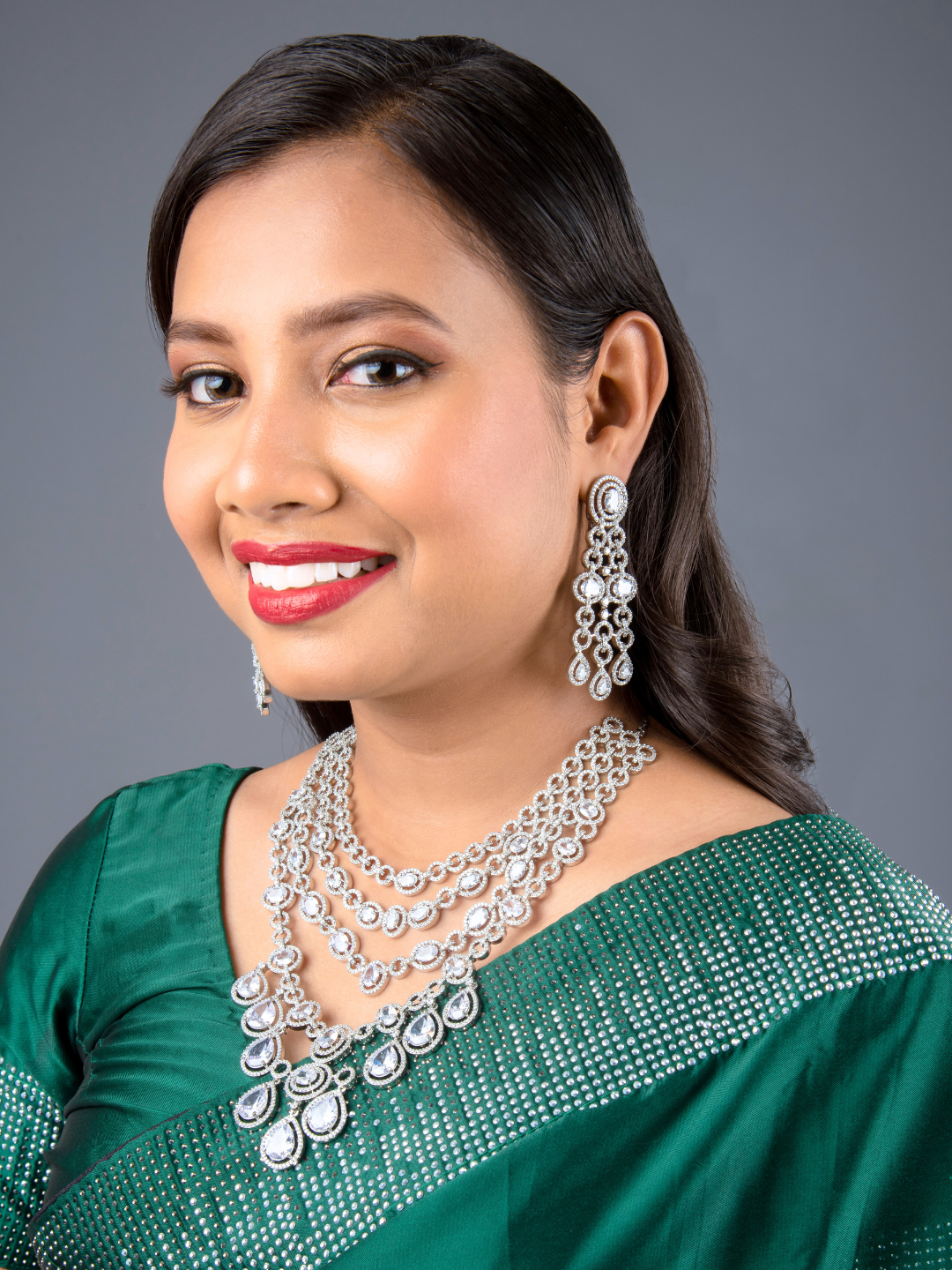 AD Multi-Layered Necklace Set with White Stones | Elegant Silver Alloy Design