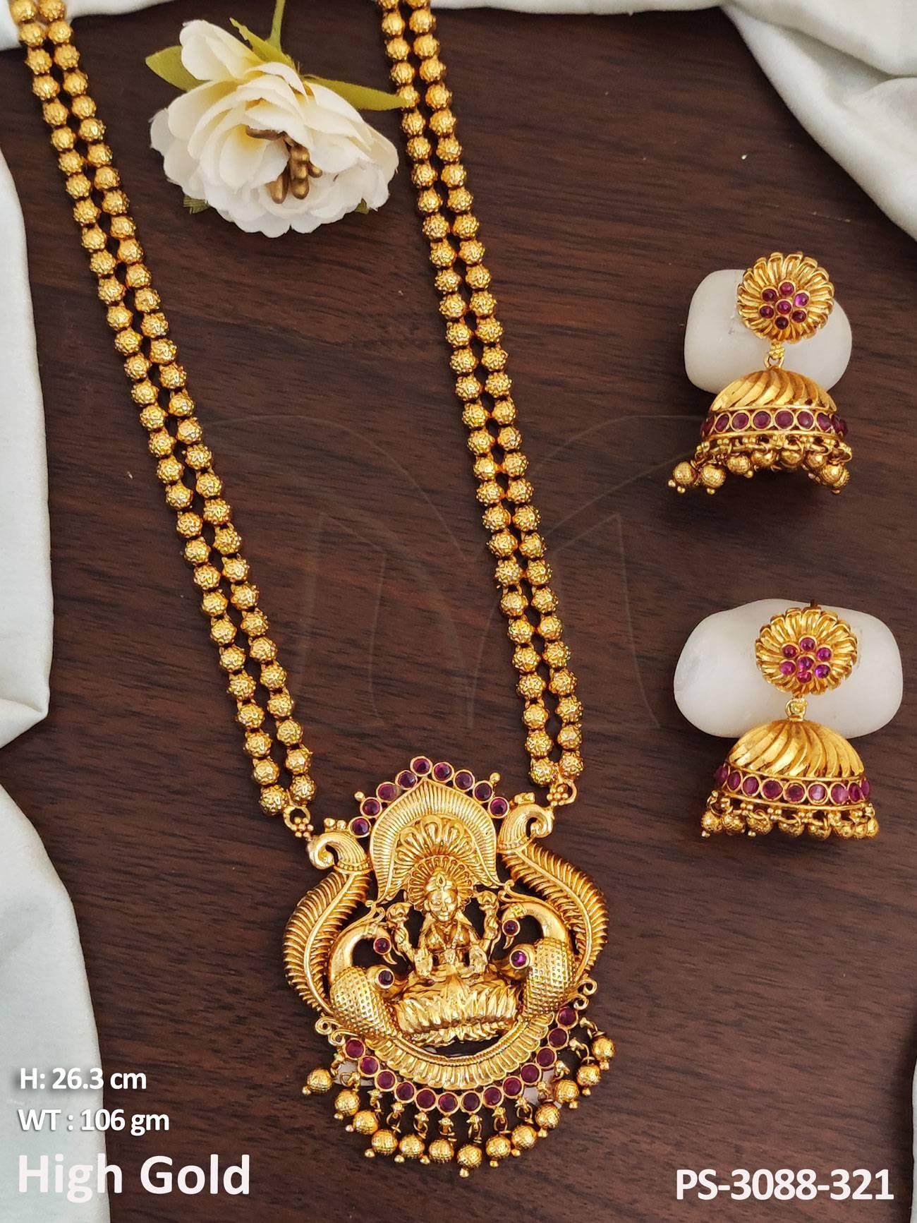 God Laxmi Pendant High Gold Polish Fancy Design Party war Beautiful Temple Jewellery Long Kemp Temple Pendant Set