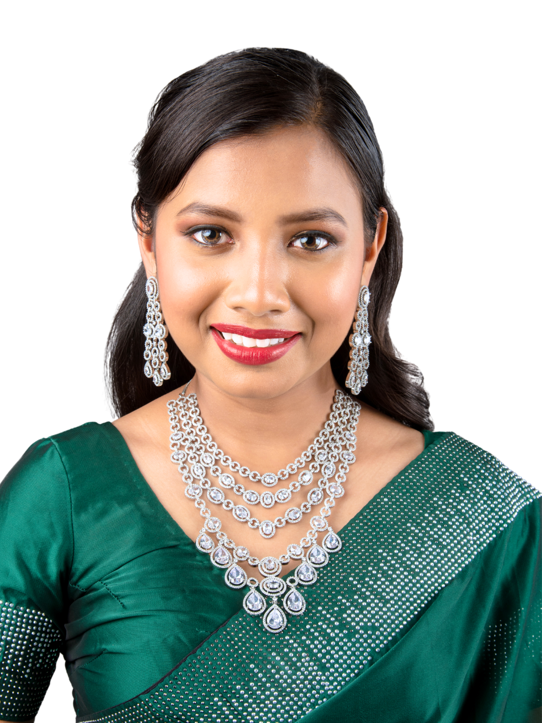 AD Multi-Layered Necklace Set with White Stones | Elegant Silver Alloy Design