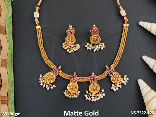 Designer Beautiful Matte Gold Clustered Pearl Fancy Temple Coin Choker Necklace Set