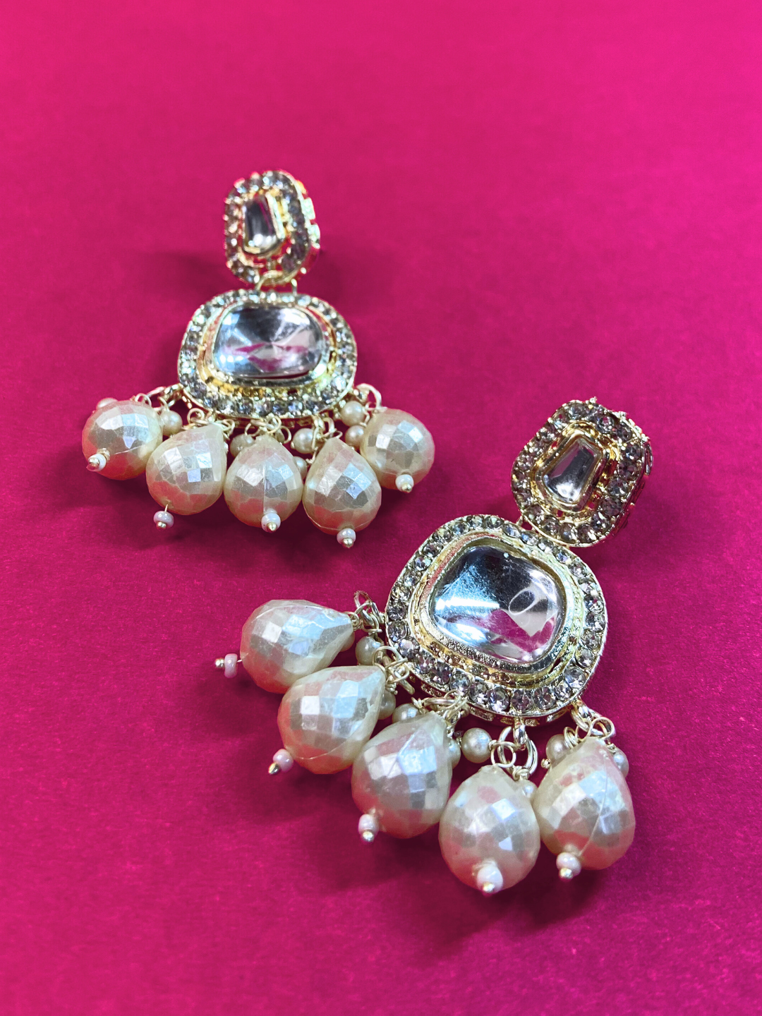 Zircon Debating Earrings with White Moti and Big Centre Stone | Wedding & Party Wear