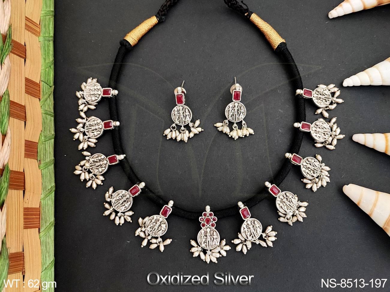 Laxmi Coin Design full Stones Beautiful Oxidised Silver Temple Necklace Set
