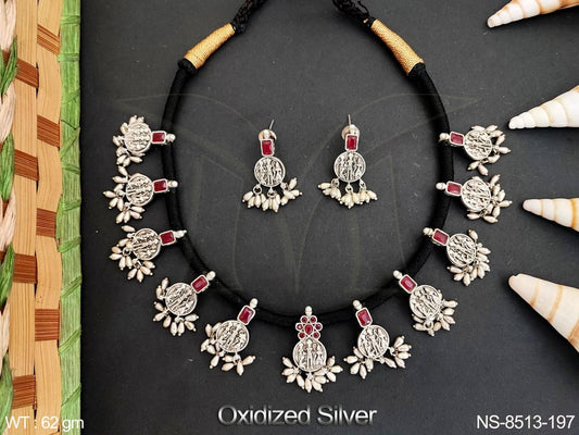 Laxmi Coin Design full Stones Beautiful Oxidised Silver Temple Necklace Set