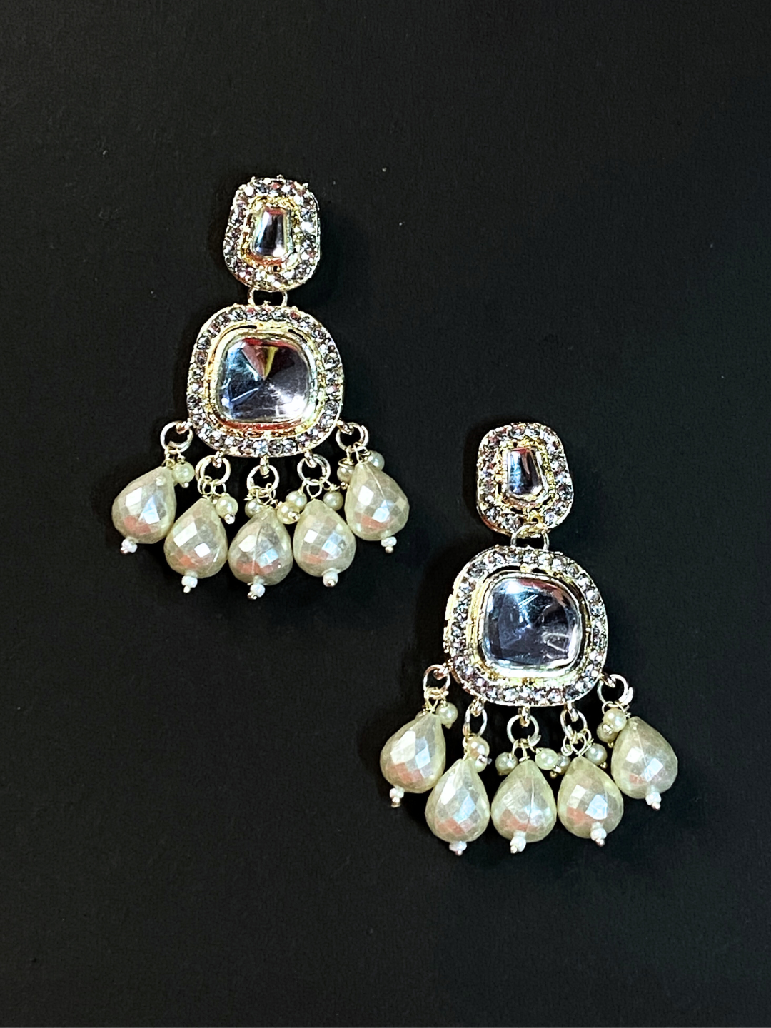 Zircon Debating Earrings with White Moti and Big Centre Stone | Wedding & Party Wear