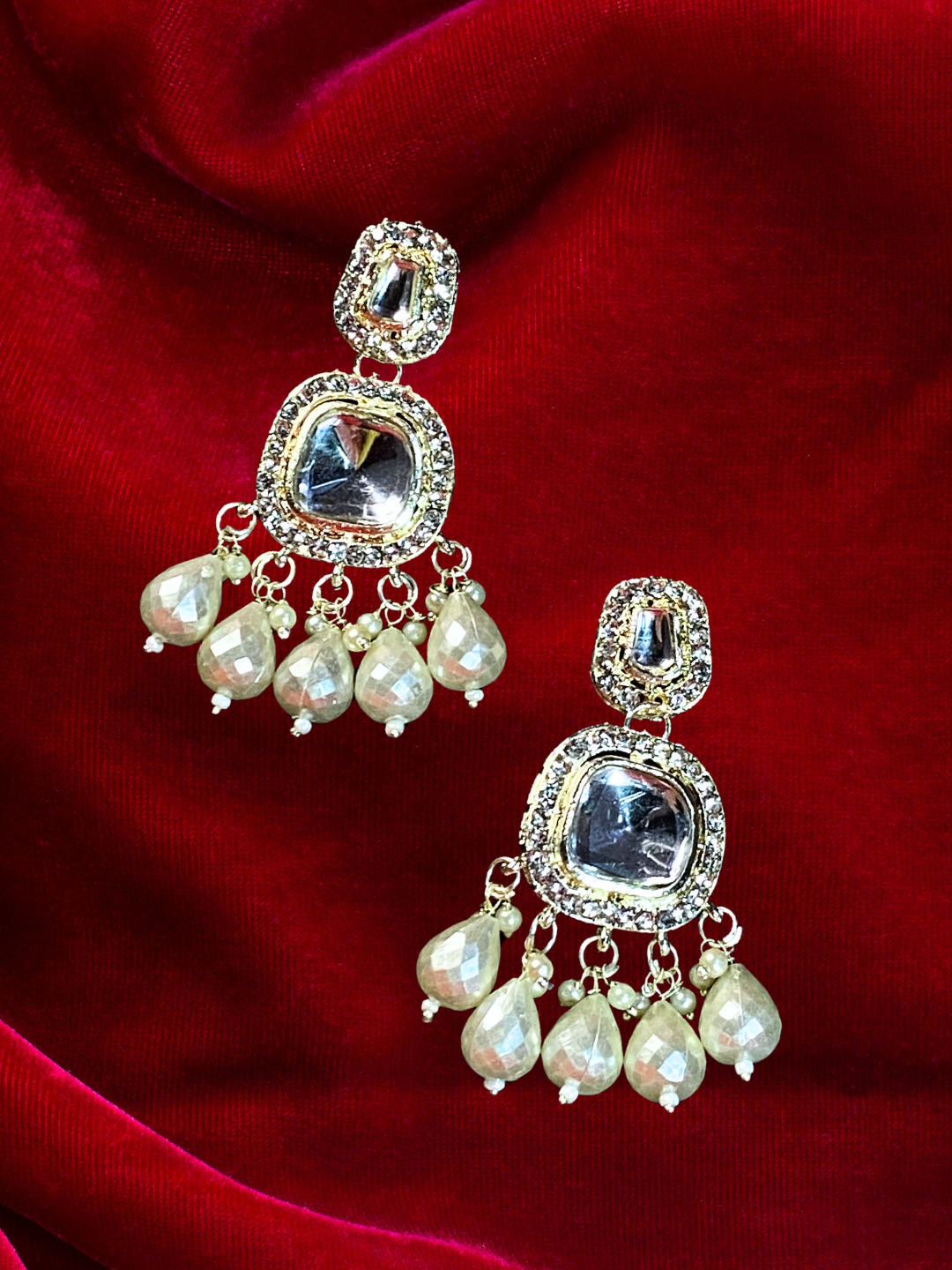 Zircon Debating Earrings with White Moti and Big Centre Stone | Wedding & Party Wear