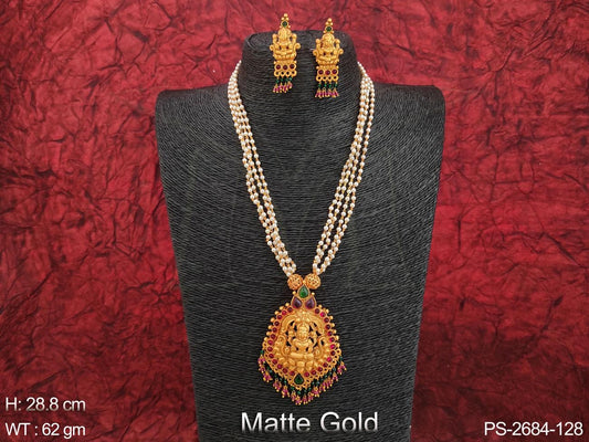 Clustered Pearl Matte Gold Polish Laxmi Pendant Long Designer Pendant Set