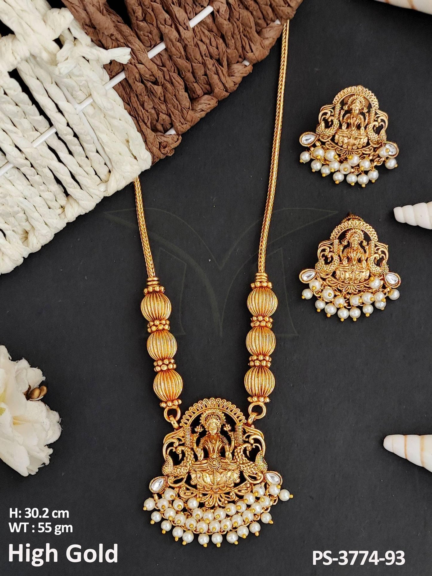 Artificial Jewellery Peacock Design High Gold Polish Cluster Pearl Temple Pendant Set