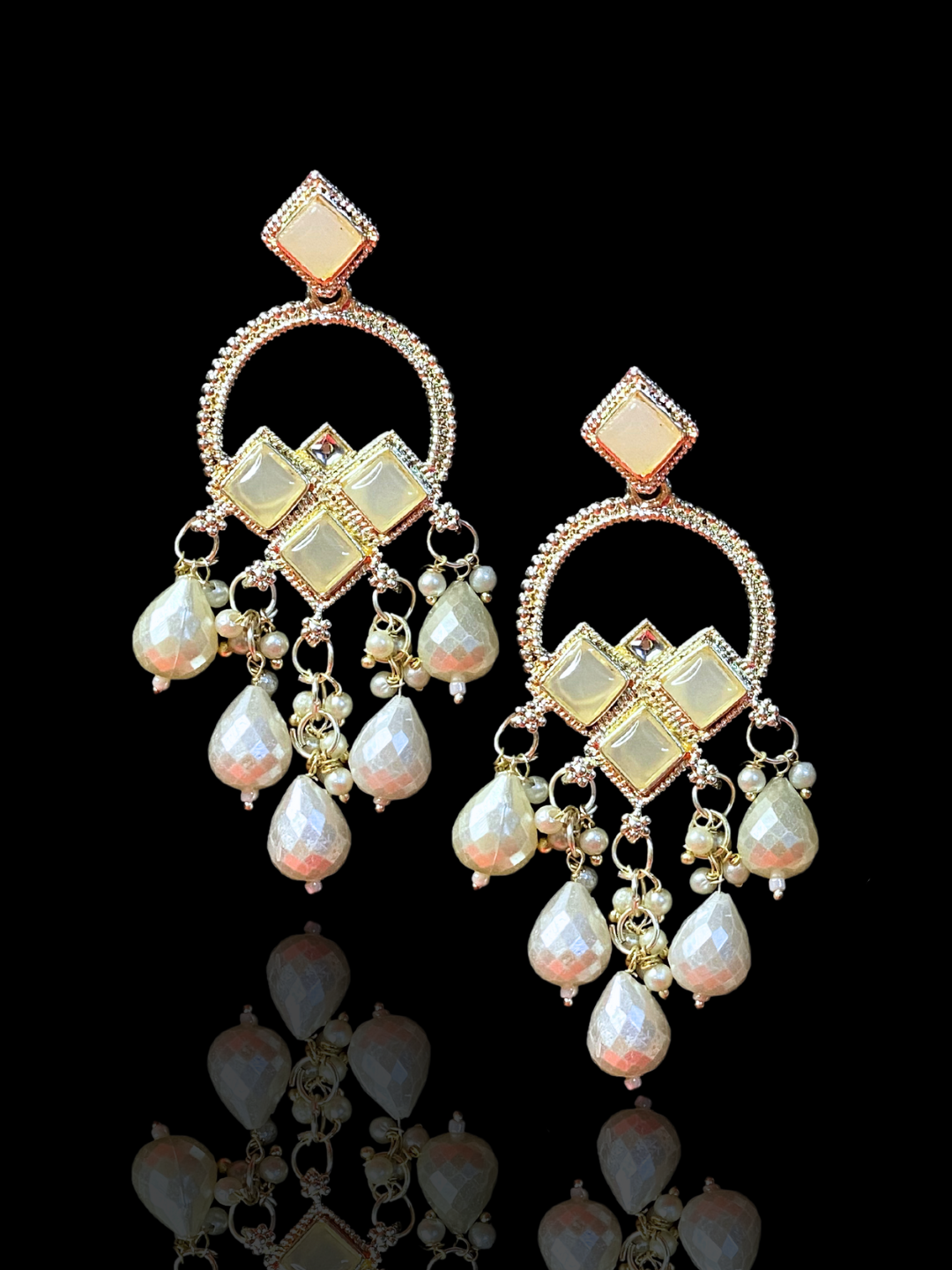 Off-White Square Stone Earrings with White Moti | Ethnic Party Wear