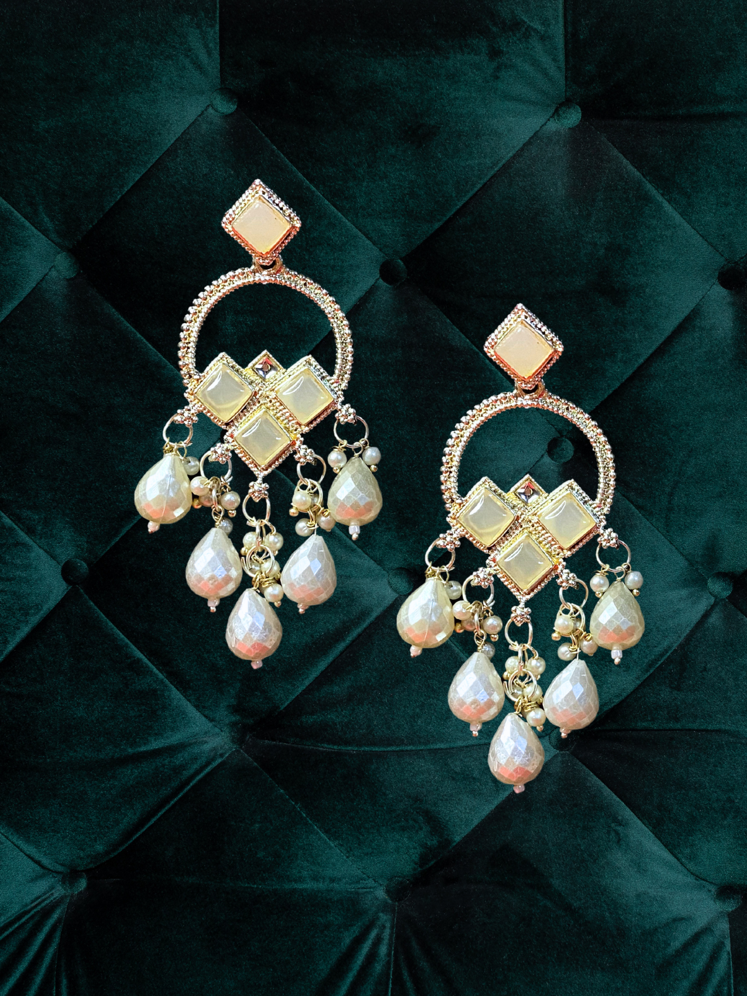 Off-White Square Stone Earrings with White Moti | Ethnic Party Wear