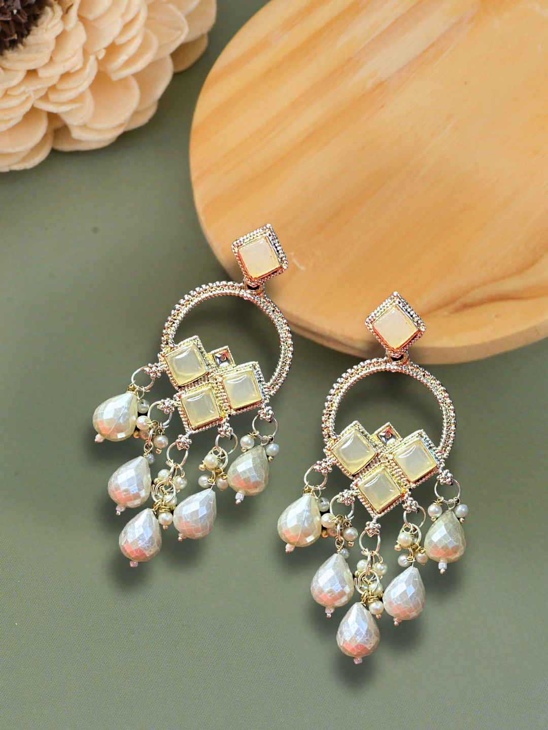 Off-White Square Stone Earrings with White Moti | Ethnic Party Wear