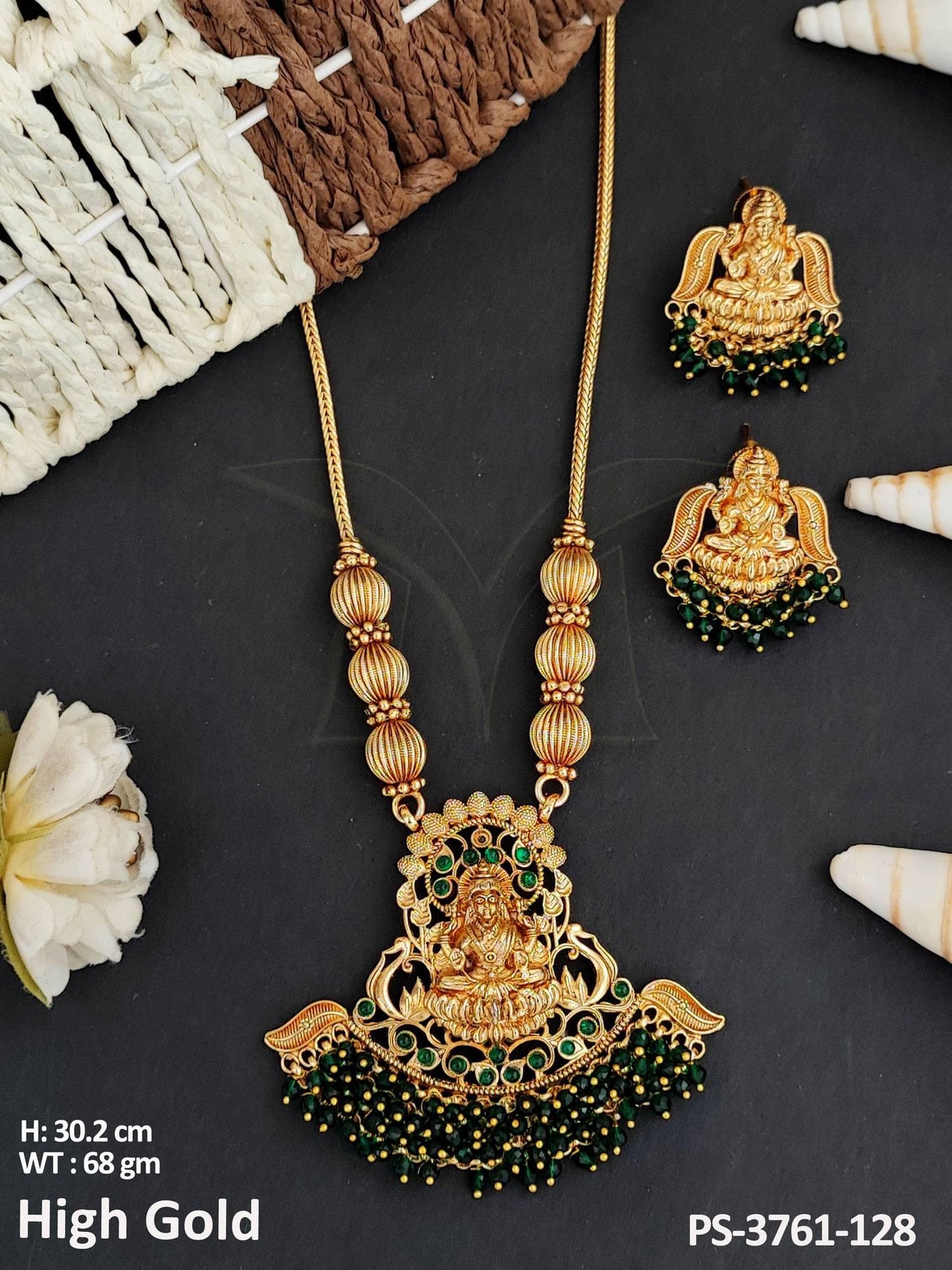 Temple Jewellery High Gold Polish Full Stone Party Wear Temple Pendant Set