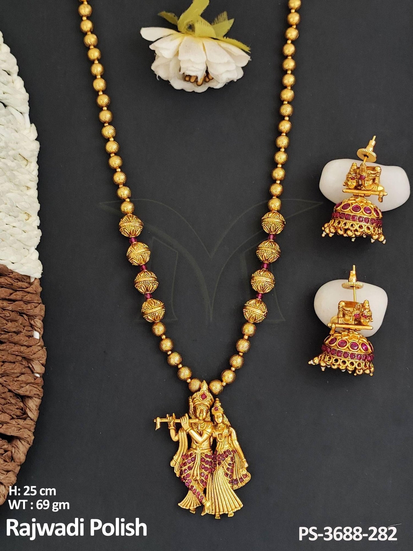 Temple jewellery Beautiful Rajwadi Polish God Radha Krishna Figure Temple Pendant Set