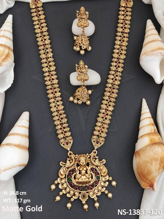 Beautiful Designer Matte Gold Polish Temple Long Necklace Set