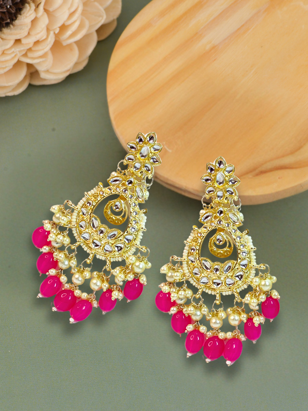 Pink & Off-White Moti Earrings with White Kundan Stones & Pearls | Gold-Plated | Ethnic & Wedding Wear