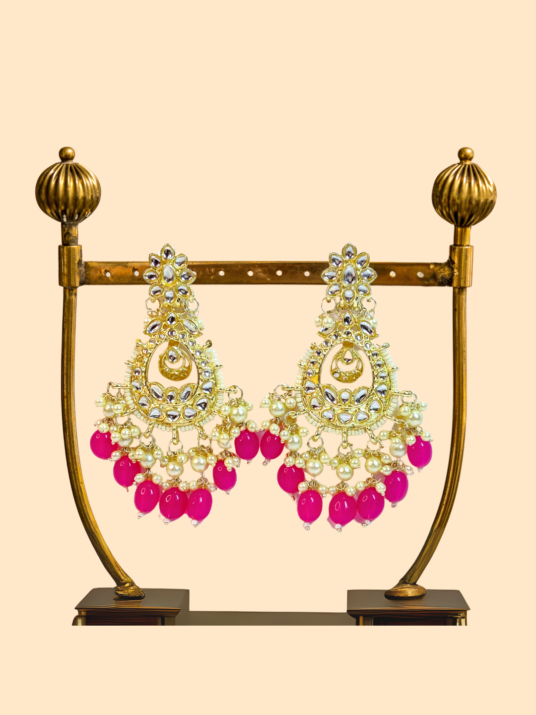 Pink & Off-White Moti Earrings with White Kundan Stones & Pearls | Gold-Plated | Ethnic & Wedding Wear